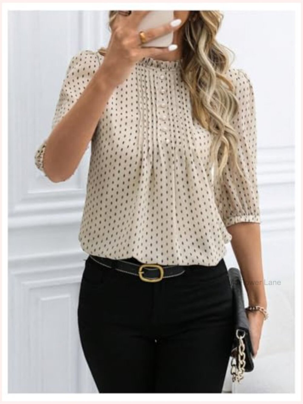 Half Puff Sleeve Polka Dot Blouse Button Mock Neck Pleated Tops - Picture 5 of 5